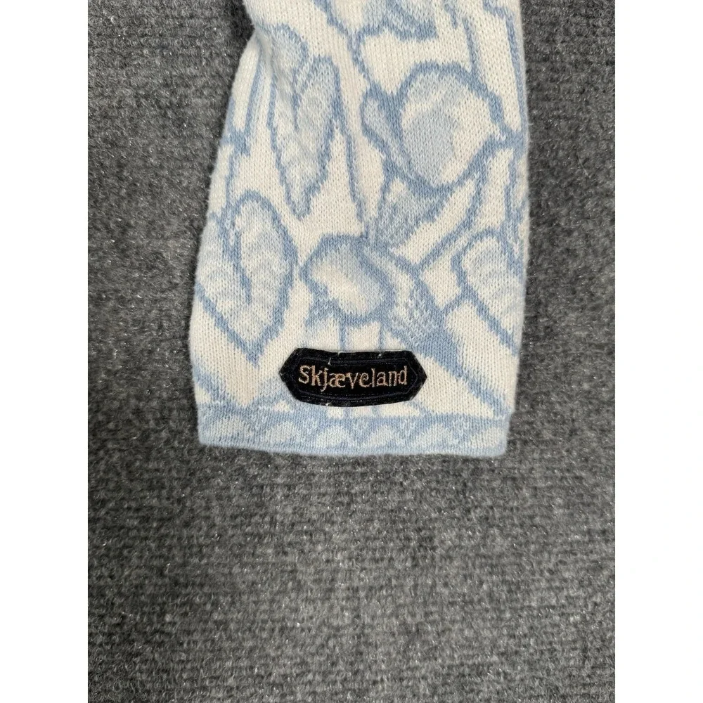 SKJAEVELAND Norway Nordic Cardigan Sweater Womens Small Blue White Heart Pattern